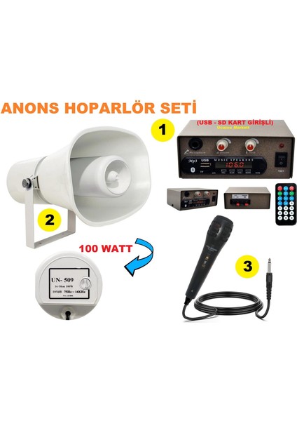 Ucuzcu Market Anons Hoparlör Seti (100 Watt - USB -Sd Kart Girişli Mobil Anfi Anons Set)