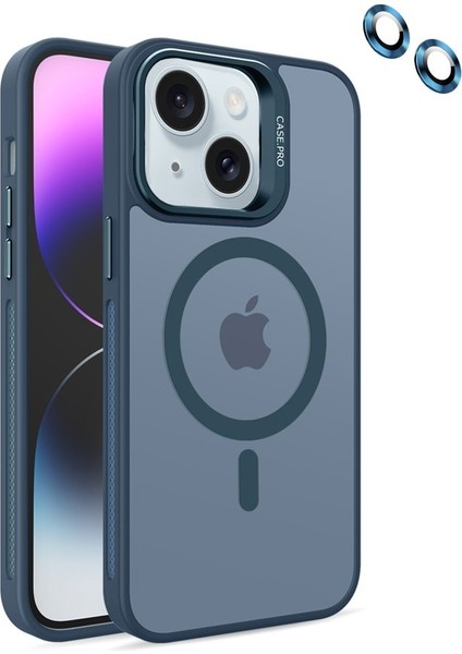 Apple iPhone 15 Plus Kılıf Magsafe Standlı + Klon Kamera Lensli Kapak