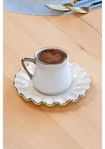 Solid Krem Wavy Platin Yaldızlı 6 Kişilik Cam Kahve Takımı