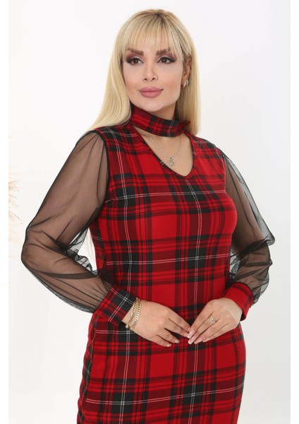 Kadın Kırmızı Siyah Ekose Desen Yaka Detay Tül Kol Büyük Beden Esnek Süet Elbise indirimleri