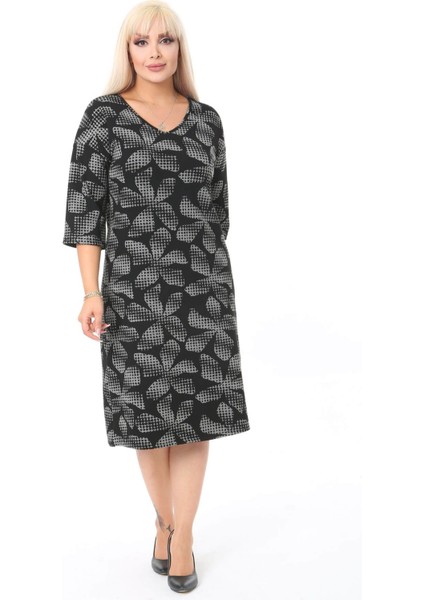 Kadın Siyah Beyaz Çiçek Desenli Truvakar Kol Büyük Beden Elbise fırsatları