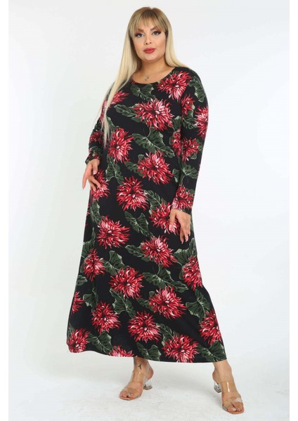 Kadın Bordo Yeşil Floral Desen Büyük Beden Maksi Elbise