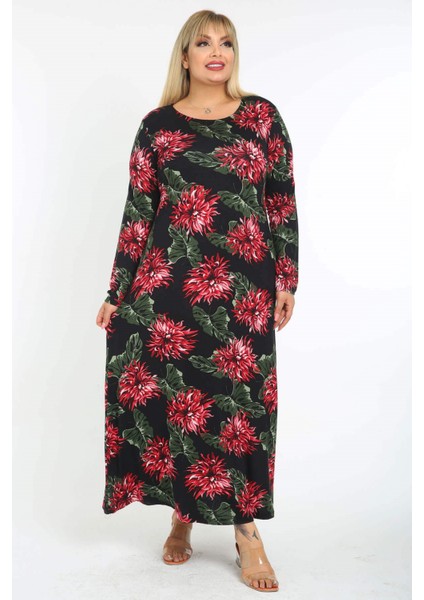 Kadın Bordo Yeşil Floral Desen Büyük Beden Maksi Elbise