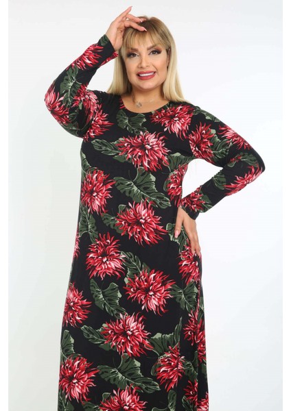 Kadın Bordo Yeşil Floral Desen Büyük Beden Maksi Elbise
