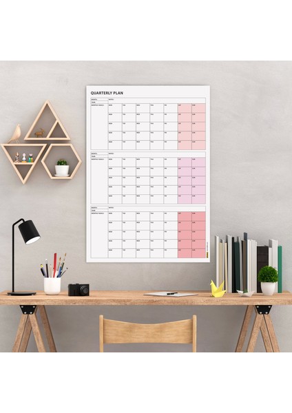 Tarihsiz Üç Aylık Duvar Takvimi Pembe Renk Üç Aylık Duvar Planlayıcısı 90 Günlük Takvim 90 Günlük Plan 70 x 100 cm