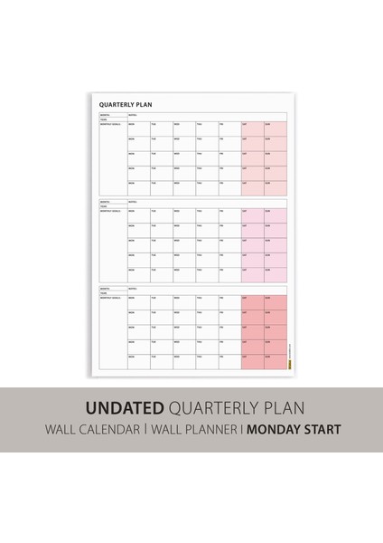 Tarihsiz Üç Aylık Duvar Takvimi Pembe Renk Üç Aylık Duvar Planlayıcısı 90 Günlük Takvim 90 Günlük Plan 50 x 70 cm fiyatları
