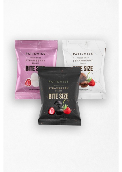 Bite Size Sütlü, Bitter, Beyaz Çikolatalı Çilek Draje Seti 30g x 3 Adet