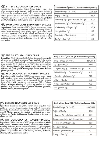 Bite Size Sütlü, Bitter, Beyaz Çikolatalı Çilek Draje Seti 30g x 3 Adet