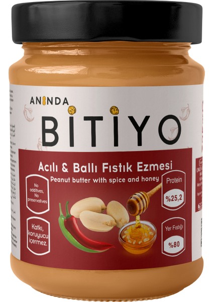 Anında Bitiyo Acılı Ballı Fıstık Ezmesi Vegan Yüksek Protein Kahvaltılık 325 gr Katkısız