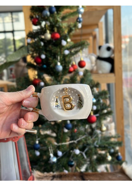 Harfli Seramik Çay Kahve Fincan Yılbaşı Hediye Kupa Kardan Adam Çam Ağacı B