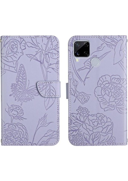 Realme C15/C12 Darbeye Deri Kılıf Çiçekler ve Kelebekler Pu Için Kılıf (Yurt Dışından)