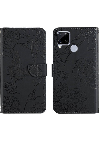 Realme C15/C12 Darbeye Deri Kılıf Çiçekler ve Kelebekler Pu Için Kılıf (Yurt Dışından)