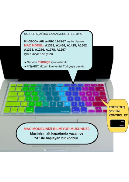 Macbook Klavye Air Pro Koruyucu Dazzle (US to TR) (Eski USB'li Model 2008/2017) ile Uyumlu