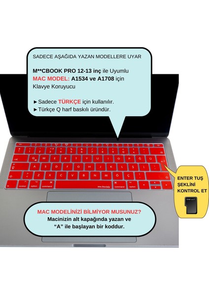 Laptop Macbook Pro Klavye Kılıf Türkçe Q Baskılı A1534 A1708 ile Uyumlu