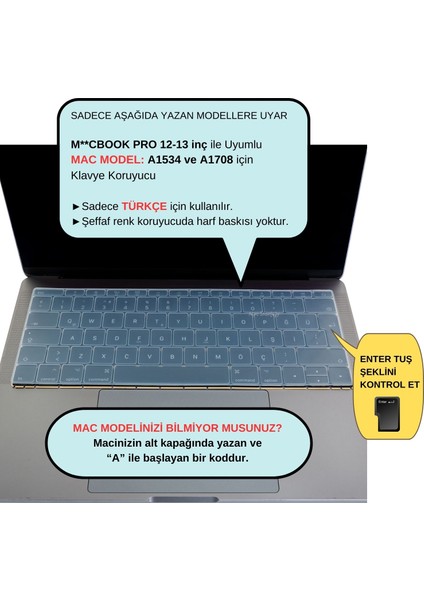 Laptop Macbook Pro Klavye Kılıf Türkçe Q Baskılı A1534 A1708 ile Uyumlu