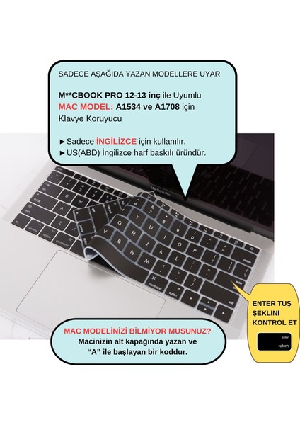 Laptop Macbook Pro Klavye Kılıf US(ABD) İngilizce Baskılı A1534 A1708 ile Uyumlu