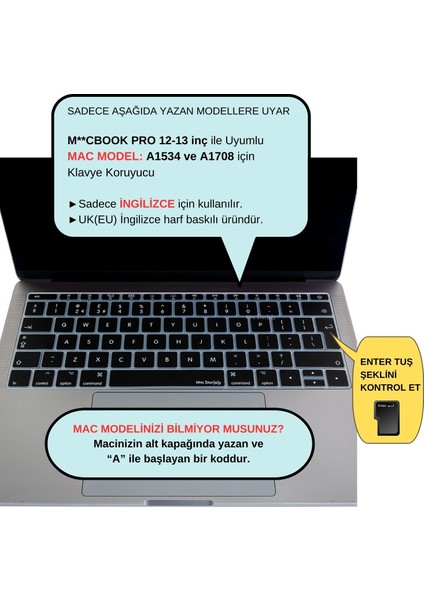 Laptop Macbook Pro Klavye Kılıf UK(EU) İngilizce Baskılı A1534 A1708 ile Uyumlu