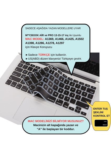 Macbook Klavye Air Pro Koruyucu (US to TR) (Eski USB'li Model 2008-2017) ile Uyumlu