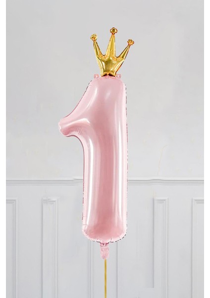 Taçlı 1 Rakam Folyo Balon 1 Yaş Balonu Gold Taçlı Pembe 90CM