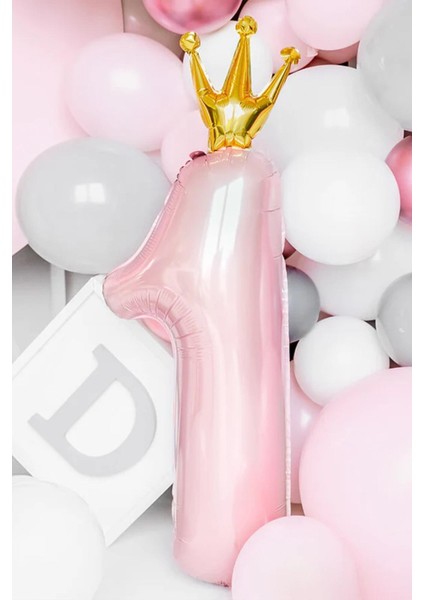 Taçlı 1 Rakam Folyo Balon 1 Yaş Balonu Gold Taçlı Pembe 90CM