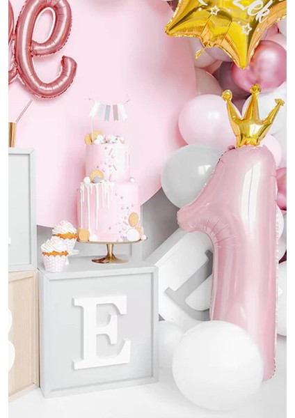 Taçlı 1 Rakam Folyo Balon 1 Yaş Balonu Gold Taçlı Pembe 90CM