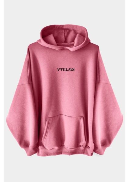 Pembe Kalın Içi Polarlı Oversize Kapüşonlu Hoodie Sweatshirt