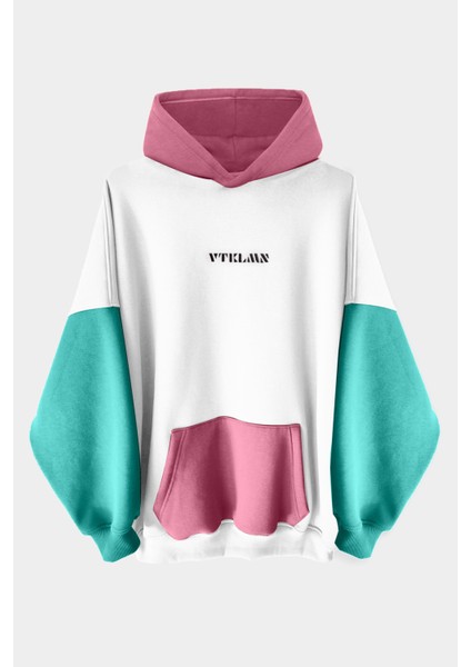 Beyaz Turkuaz Pembe Renkli Kapüşonlu Hoodie Sweatshirt