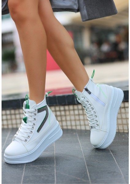 Pone Beyaz Cilt Yeşil Detaylı Bağcıklı Kadın Bot fiyatları
