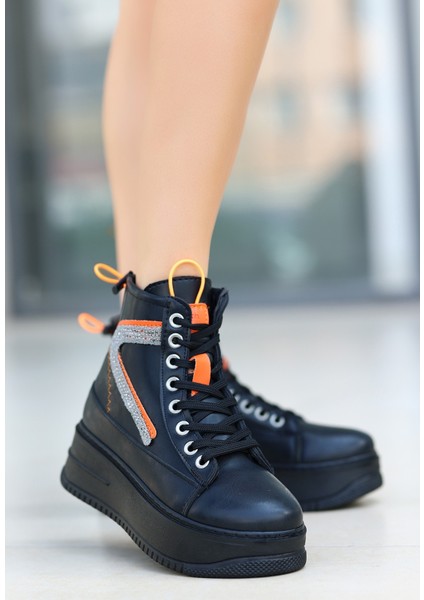 Siyah-Turuncu Detaylı Bağcıklı Fermuarlı Poliüretan Kadın Taban Bot fiyatları