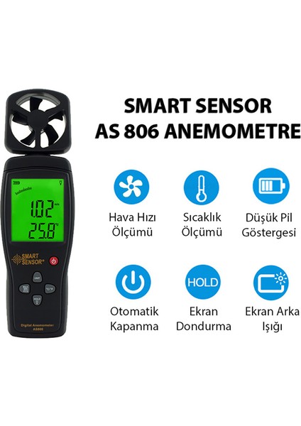 As 806 Rüzgar Hızı Ölçer Anemometre (180° Dönebilen Prob)
