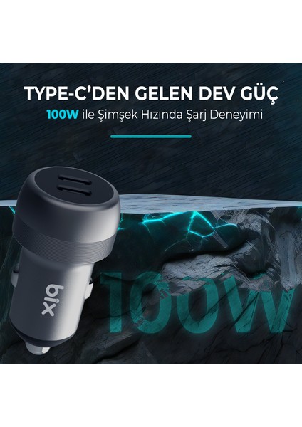 BXCC100W 2*type-C Pd 3.0 Portlu Pps Destekli Mini Araç Içi Hızlı Şarj Cihazı Gri