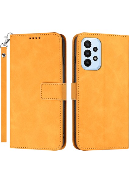 Samsung Galaxy A23 4G/A23 5g (Global Versiyon) Cüzdan Folio Kapak Pu Deri Derisi Derek Renk Dokulu Stand Telefon Kılıfı Strap-Sarı (Yurt Dışından)