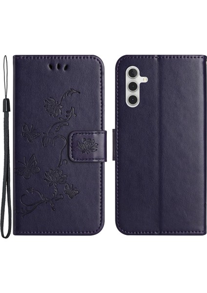 Samsung Galaxy S23 Fe Pu Deri Deri Cellet Telefon Kasası Keleflik Çiçeği Baskılı Stand Kapak-Dark Mor (Yurt Dışından)
