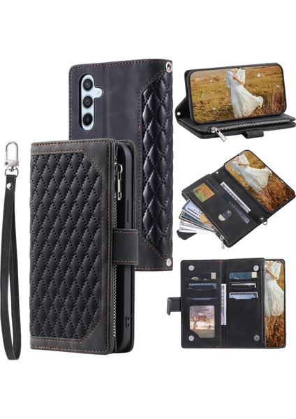 Samsung Galaxy A54 Için 5g Anti-Dut Pu Deri Deri Telefon Kılıf Renklemli Doku Doku Fermuar Cüzdan Kapağı Strap-Black (Yurt Dışından)