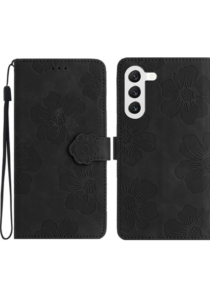 Samsung Galaxy S23 Için+ Çizgiye Dönüş Pu Deri Deri Stand Telefon Kabuğu Baskılı Çiçek Desen Cüzdan Kapak Case-Black (Yurt Dışından)