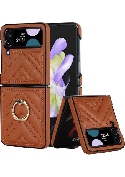 Zd 07 Samsung Galaxy Z Flip4 5g V-Şekilli Dikiş Pu Deri Sert Pc Kapağı Kickstand-Brown (Yurt Dışından)