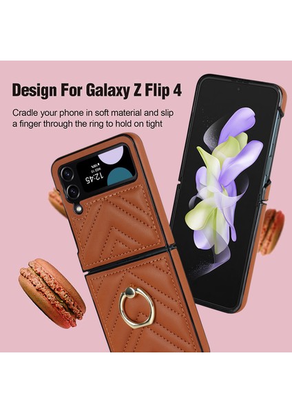 Zd 07 Samsung Galaxy Z Flip4 5g V-Şekilli Dikiş Pu Deri Sert Pc Kapağı Kickstand-Brown (Yurt Dışından)
