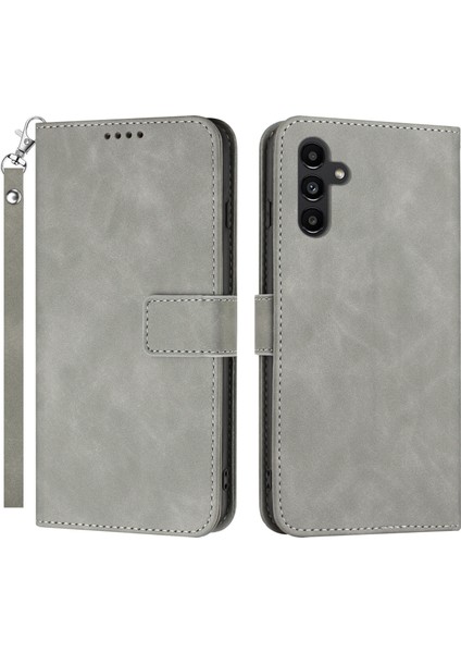 Samsung Galaxy A34 5g Pu Deri Telefon Kapağı Strap-Grey ile Düz Renk Dokulu Cüzdan Stand Telefon Kılıfı (Yurt Dışından)