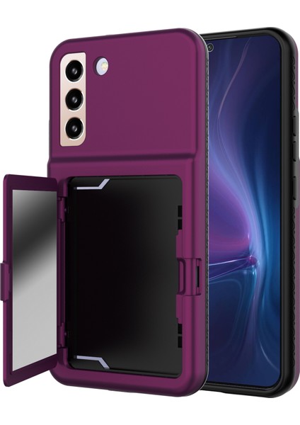 Samsung Galaxy S22 5g Cardcase Serisi Kart Tutucu Kickstand Case Kalınlaştırılmış Pc+Tpu Telefon Kapağı Mirror-Dark Mor ile (Yurt Dışından)