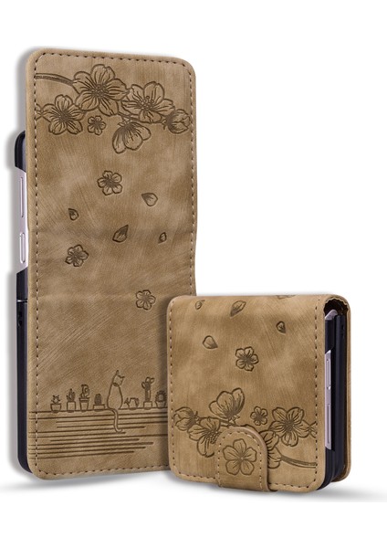 Samsung Galaxy Z Flip4 Için 5g Pu Deri Kart Tutucu Telefon Kılıfı Baskılı Kedi Çiçek Anti-Dalgalı Kapak Brown (Yurt Dışından)