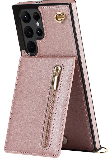 Samsung Galaxy S22 Ultra 5g Telefon Kılıfı Kickstand Fermuar Cüzdan Deri +Tpu Akıllı Telefon Kapağı Omuz Kayışı Pembe (Yurt Dışından)