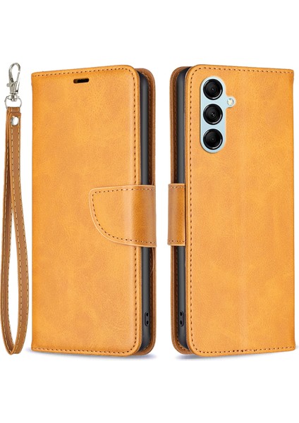 Samsung Galaxy M14 Için 5g Düz Renk Dokulu Pu Deri Cüzdan Stand Kabuk Telefon Koruyucu Kılıf Strap-Sarı (Yurt Dışından)
