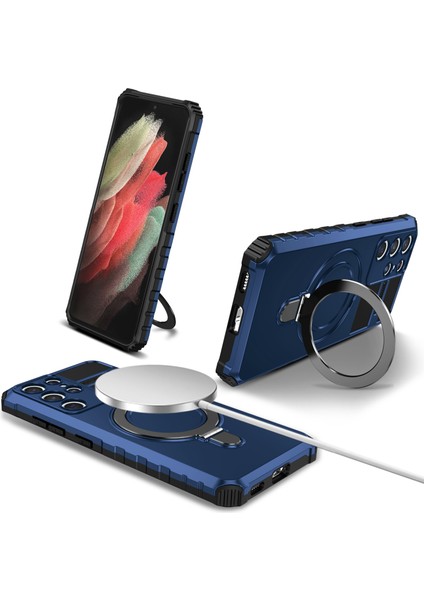 Samsung Galaxy S21 Ultra 5g Manyetik Kickstand Case Pc+Tpu Scratch'a Dayanıklı Telefon Kapak Mavisi (Yurt Dışından)