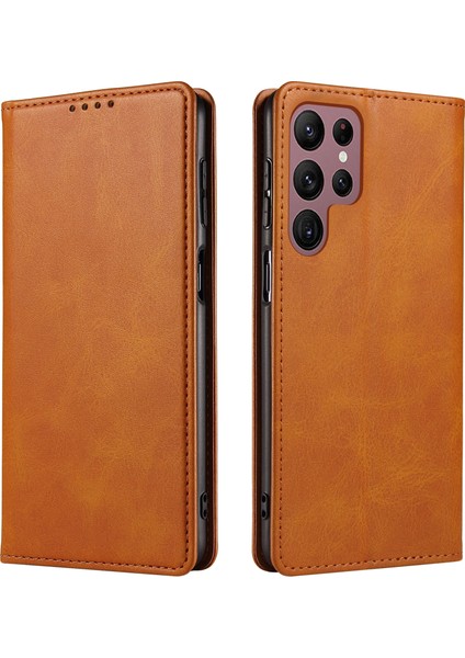 Samsung Galaxy S23 Için Ultra Pu Deri Cüzdan Telefon Kılıfı Stand Iş Stili Tam Koruma Cep Telefonu Kapak-Khaki (Yurt Dışından)