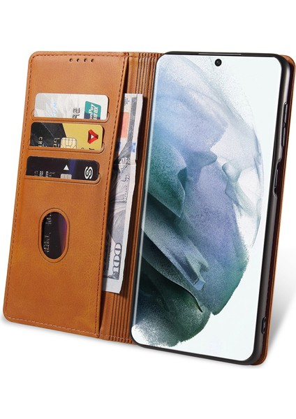 Samsung Galaxy S23 Için Ultra Pu Deri Cüzdan Telefon Kılıfı Stand Iş Stili Tam Koruma Cep Telefonu Kapak-Khaki (Yurt Dışından)