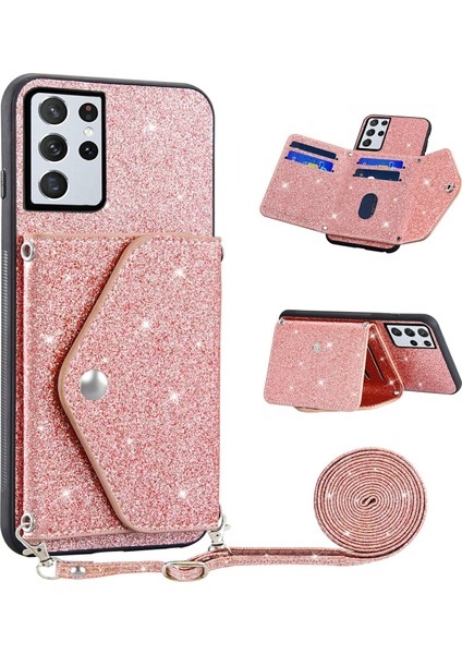 Samsung Galaxy S22 Ultra 5g Glitter Telefon Kılıfı Deri Kaplamalı Tpu Kickstand Card Tutucu-Pink ile (Yurt Dışından)