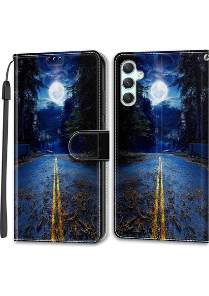 Samsung Galaxy A34 5g Kart Yuvaları Için Şok Geçirmez Kılıf Stand Stand Telefon Kılıf Desen Basılı Deri Kapak Gecesi Yol/ay (Yurt Dışından)