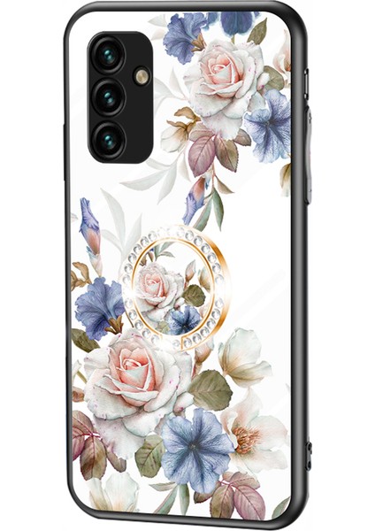 Samsung Galaxy A14 Için 5g Çiçek Desen Telefon Kapağı Temperli Cam+Pc+Tpu Kickstand-White Çiçek Bush ile Kılıf (Yurt Dışından)