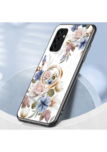 Samsung Galaxy A14 Için 5g Çiçek Desen Telefon Kapağı Temperli Cam+Pc+Tpu Kickstand-White Çiçek Bush ile Kılıf (Yurt Dışından)