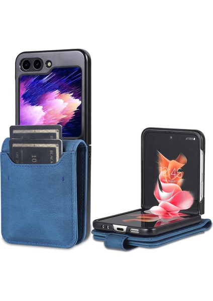 Samsung Galaxy Z Flip5 5g Pu Deri Telefon Kılıf Kickstand Card Yuvaları Kapak Mavisi (Yurt Dışından)
